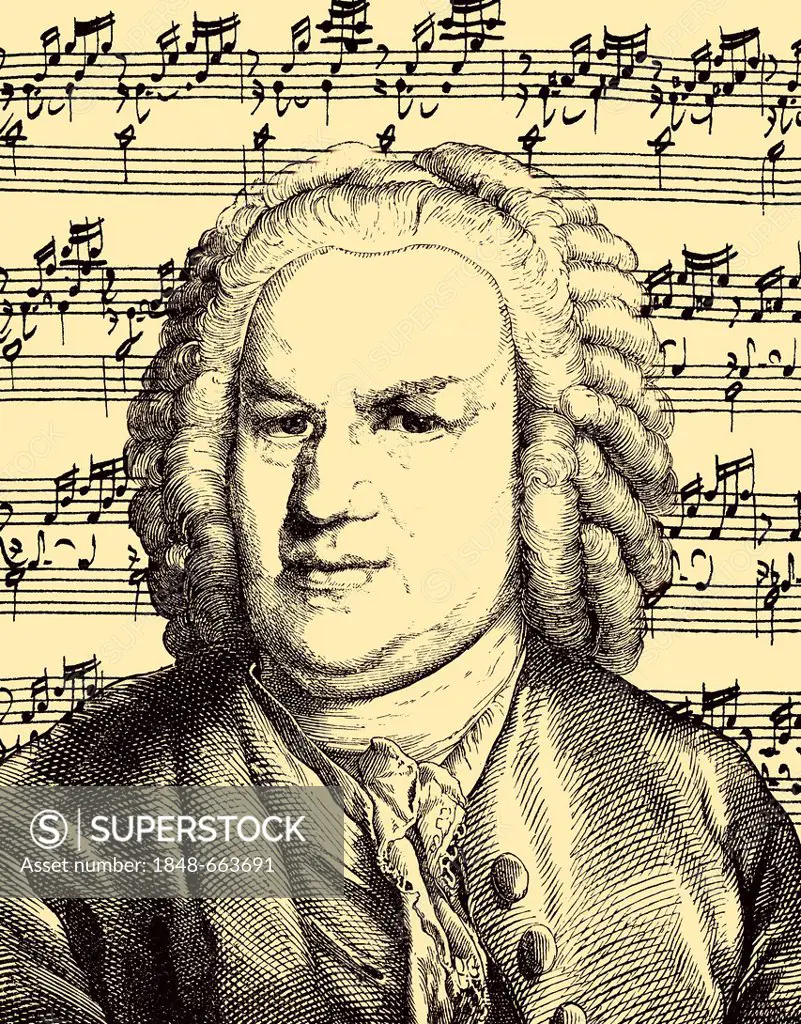 Manuscript, handwritten sheet music by Johann Sebastian Bach, 1685-1750, German composer and organ and piano virtuoso of the Baroque