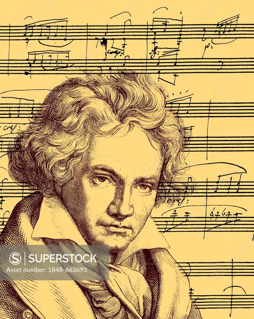 Historical drawing from the 19th Century, manuscript, handwritten sheet music, A flat major Sonata Op. 26, portrait of Ludwig van Beethoven, 1770-1827...