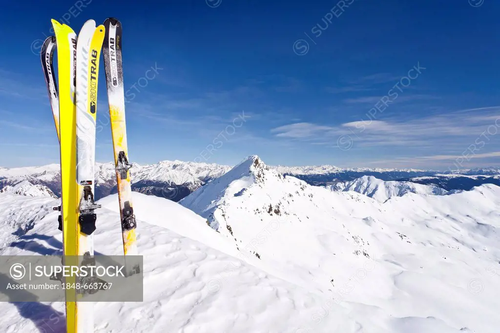 Skis on the Mt. Hoertlahner above Durnholz, behind Mt. Tagwaldhorn, Sarntal, South Tyrol, Italy, Europe