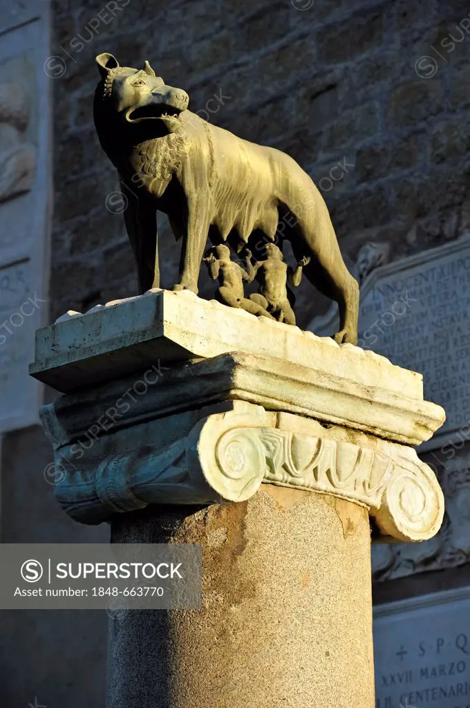 Capitoline Wolf with Romulus and Remus on the Senatorial Palace, Capitol square, Piazza del Campidoglio, Capitoline Hill, Rome, Lazio, Italy, Europe