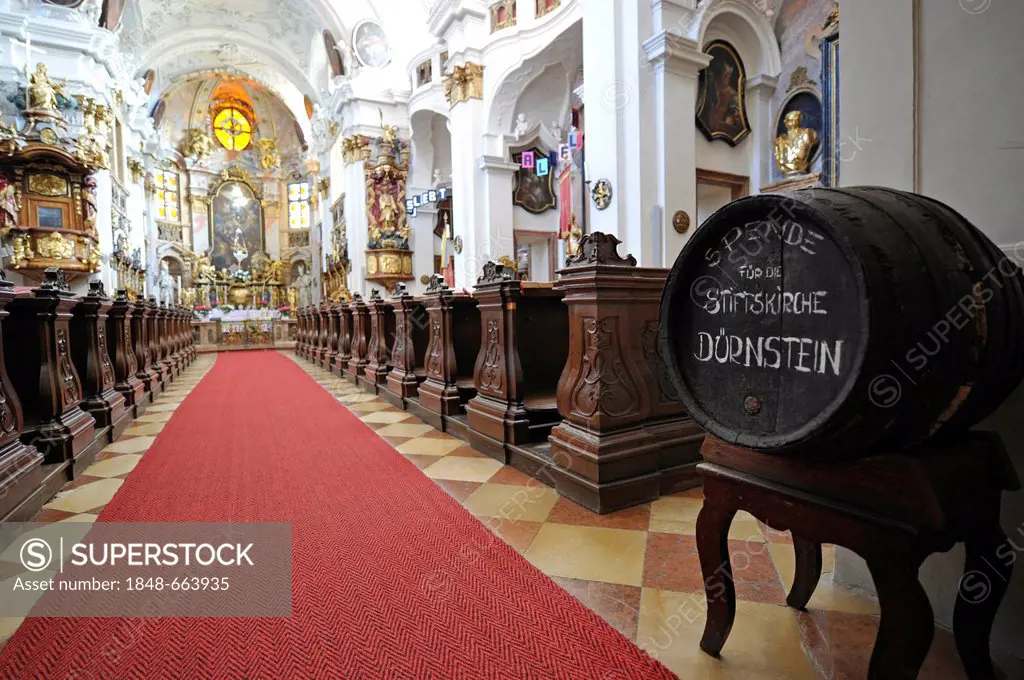 Wine barrel for donations, high altar with the high altar painting, choir, abbey church, Augustinian monastery, Duernstein Abbey, Wachau Cultural Land...