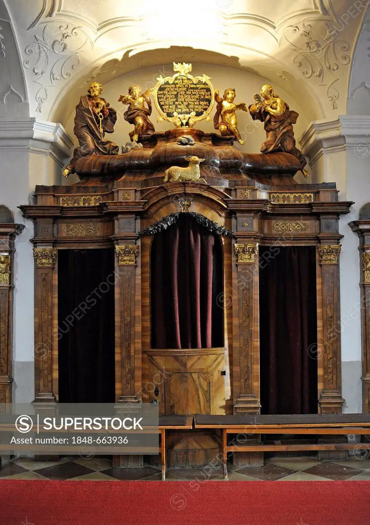 Confessional box, abbey church, Augustinian monastery, Duernstein Abbey, Wachau Cultural Landscape, a UNESCO World Heritage site, Lower Austria, Austr...