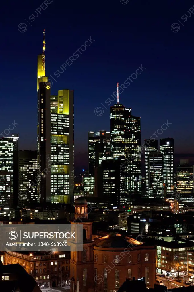 Skyline with Commerzbank, Hessische Landesbank, Deutsche Bank, European Central Bank, Skyper, Sparkasse and DZ Bank skyscrapers and Paulskirche church...
