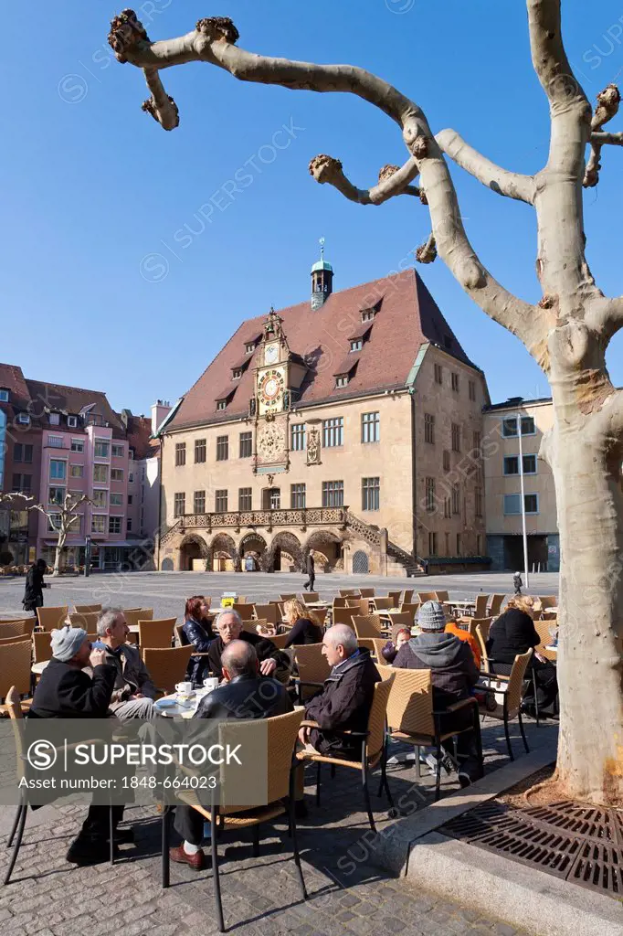 Street cafe, Town hall with astronomical clock, market square, Heilbronn, Baden-Wuerttemberg, Germany, Europe