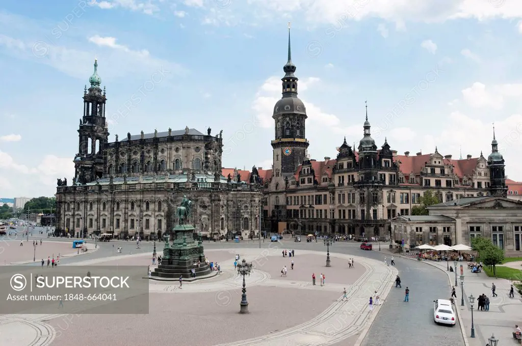 Theaterplatz theatre square with the Katholische Hofkirche church, left, and the Dresden Castle, right, Dresden, Saxony, Germany, Europe