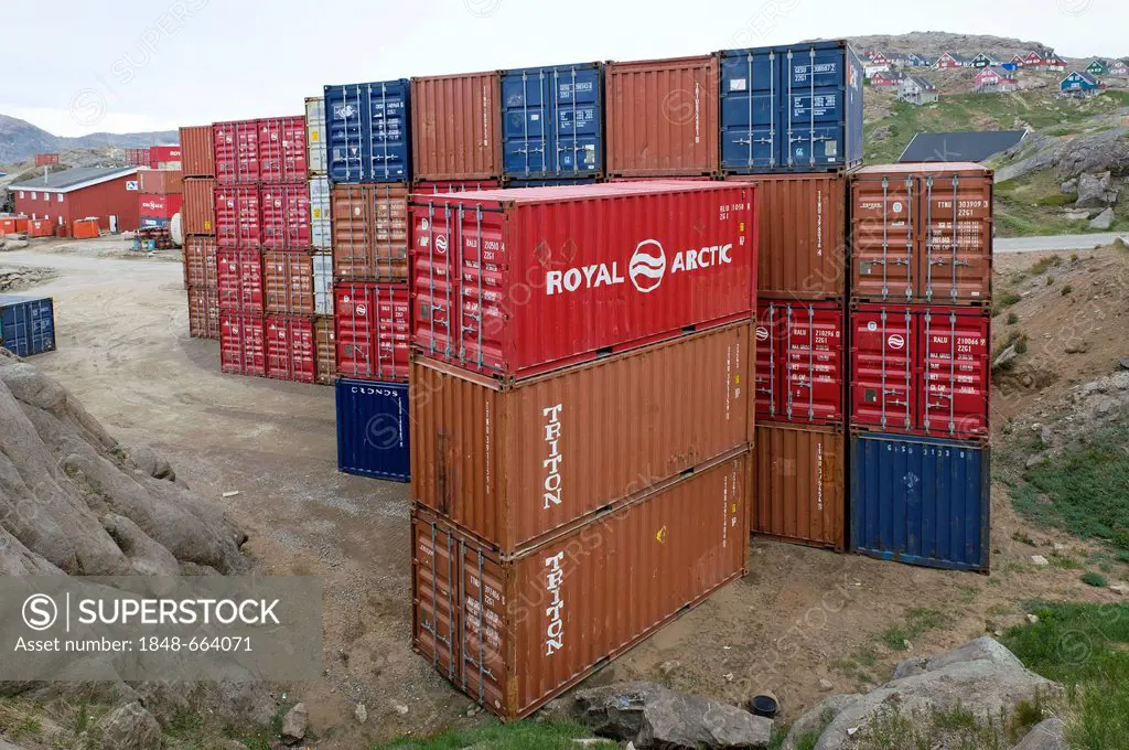 Containers at the port of Tasiilaq, also known as Ammassalik, East Greenland, Greenland