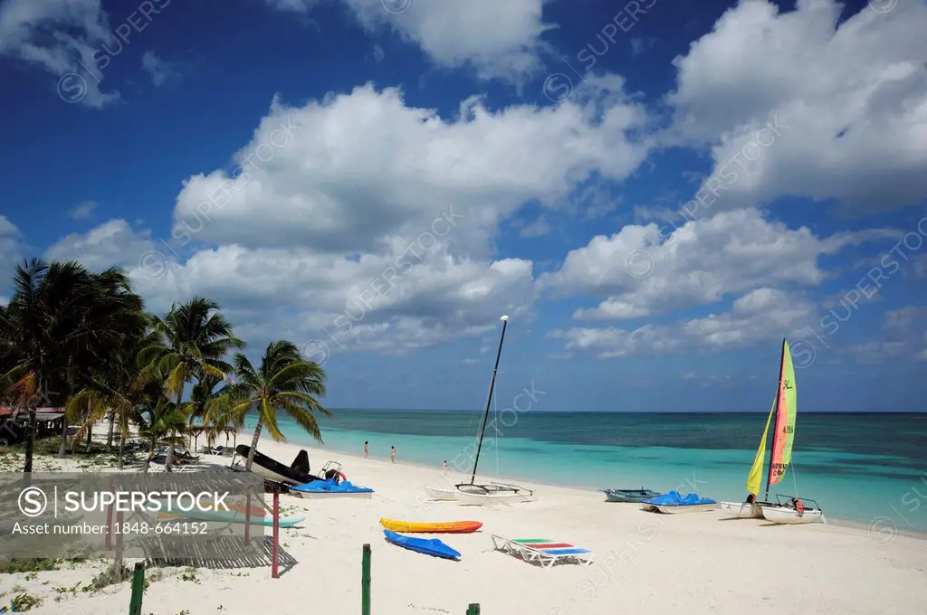 Sailing boat, beach with palm trees, Cayo Levisa island, Pinar del Rio province, Cuba, Greater Antilles, Gulf of Mexico, Caribbean, Central America, A...