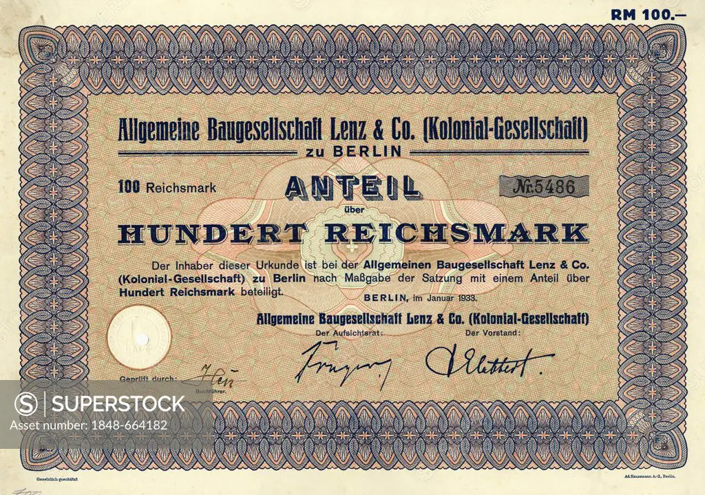 Historic stock certificate, 100 reichsmarks, Allgemeine Baugesellschaft Lenz und Co. Kolonial-Gesellschaft zu Berlin, a building society, 1933, German...