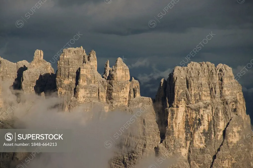 Rock formations in the Sexten Dolomites, viewed from the Tre Cime di Lavaredo, South Tyrol, Italy, Europe