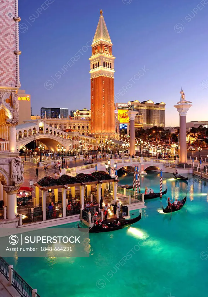 Canale Grande, Grand Canal, Campanile bell tower, gondola, The Strip, 5-star luxury hotel The Venetian Casino, The Mirage, The Bellagio, taking at the...