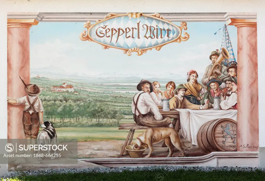 Wall painting on a country inn, Zum Sepperl, Meiling, community of Seefeld, Fuenfseenland, Five Lakes district, Upper Bavaria, Bavaria, Germany, Europ...