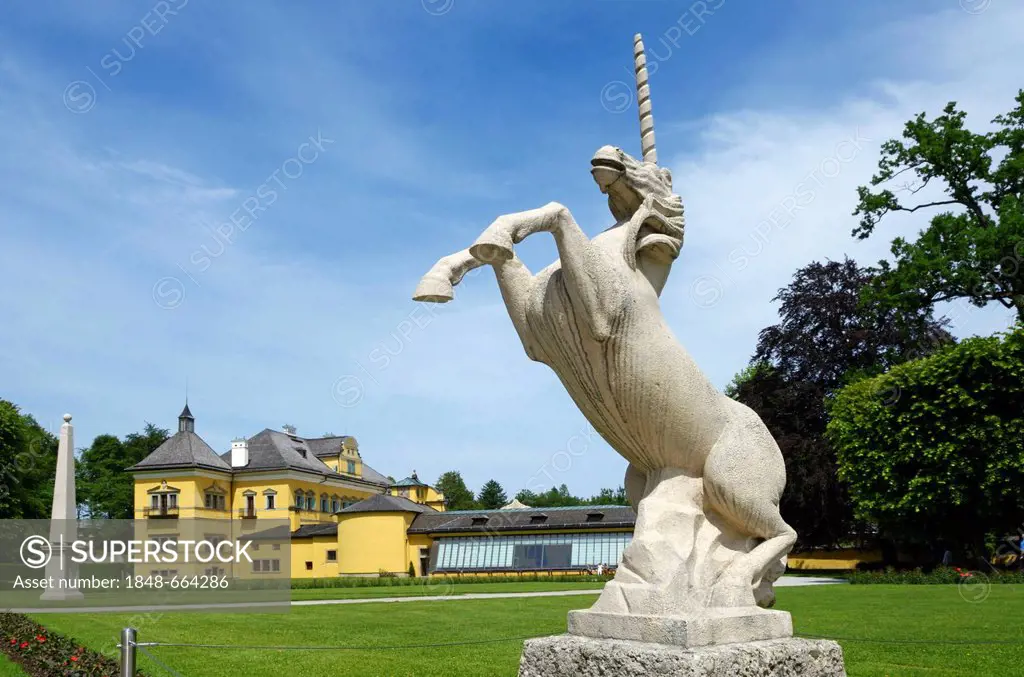 Unicorn sculpture at Hellbrunn Palace, Salzburg, Austria, Europe