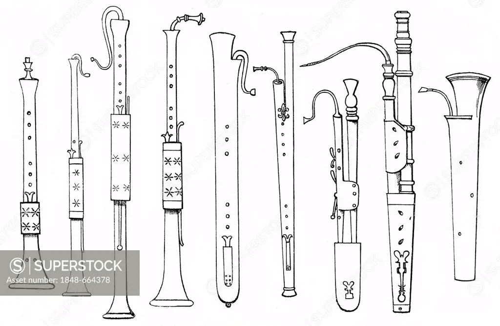 Historical drawing, various forms of ancient woodwind instruments, pommer, shawm, oboe, bassoon