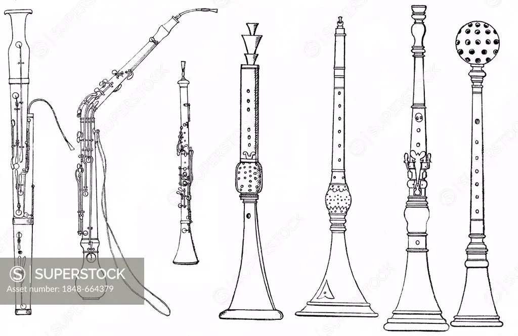 Historical drawing, various forms of ancient woodwind instruments, shawm, oboe, bassoon, English horn, Miriliton or eunuch flute