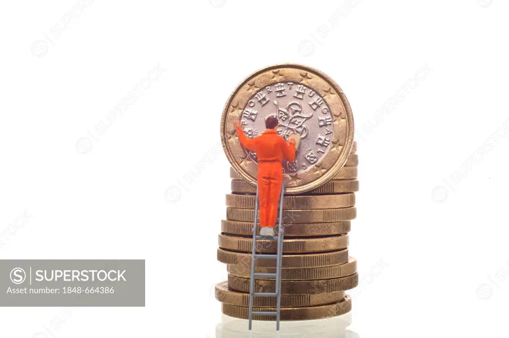 Miniature figure on a ladder trying to save a Portuguese Euro coin, symbolic image