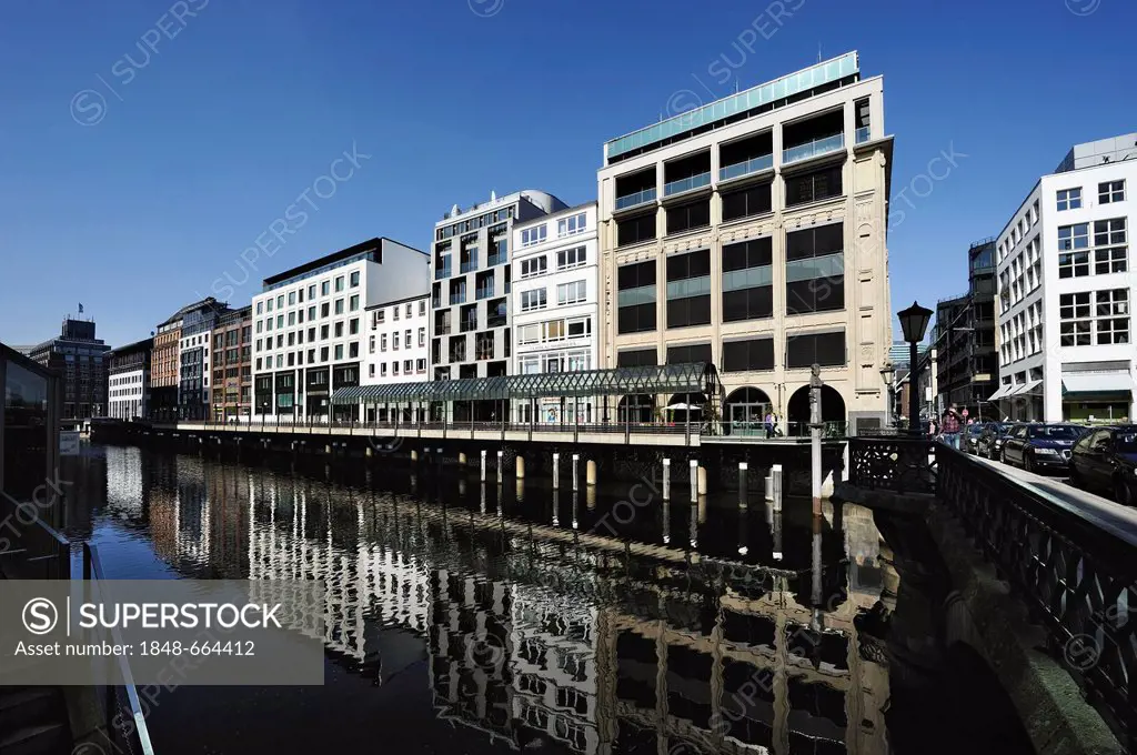 Alsterfleet canal and office buildings at Neuer Wall, Neustadt district, Hamburg, Germany, Europe