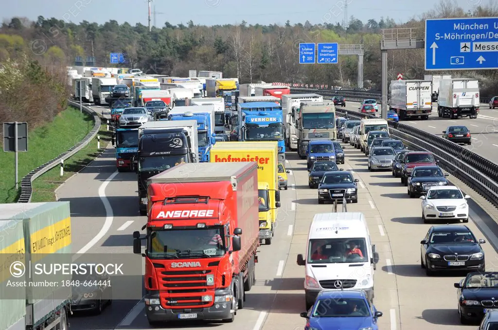 Traffic jam after a truck accident on the A8 Autobahn, motorway, near Leonberg, near the Stuttgart interchange, Stuttgart, Baden-Wuerttemberg, Germany...