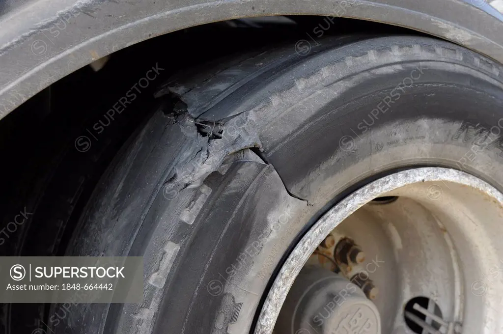 Burst tire of a truck after an accident, puncture