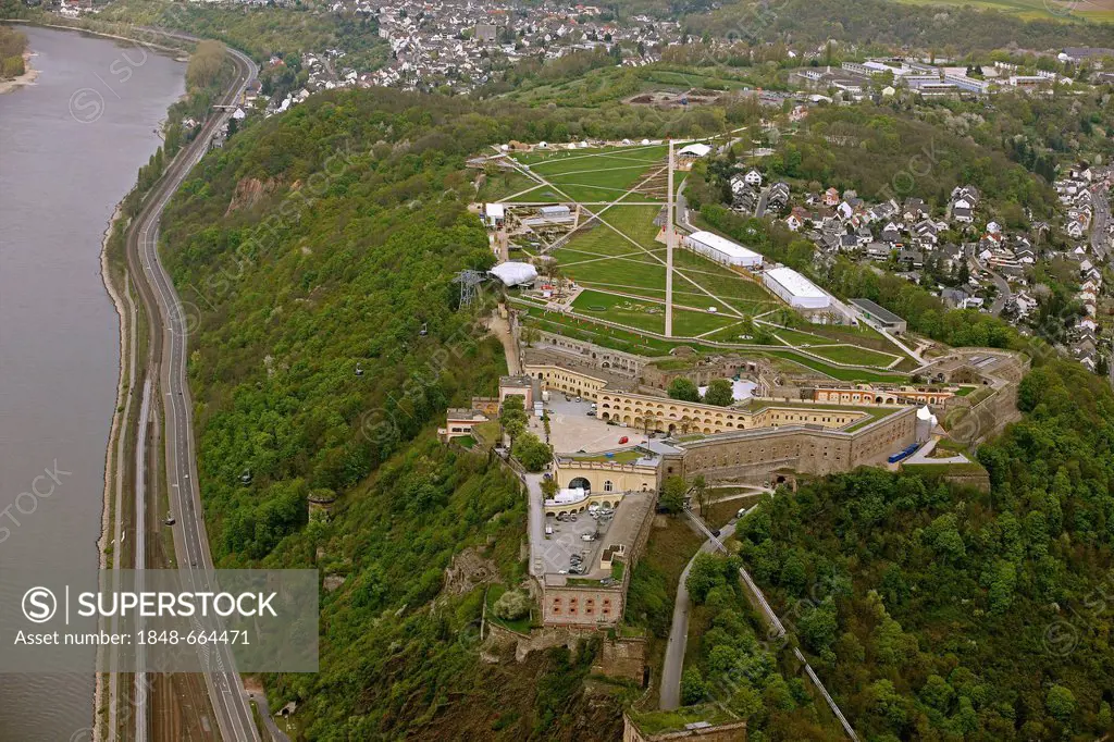 Aerial view, Festung Ehrenbreitstein fortress, Bundesgartenschau 2011, Federal Garden Show 2011, Koblenz verwandelt, German for Koblenz transforms, Ap...