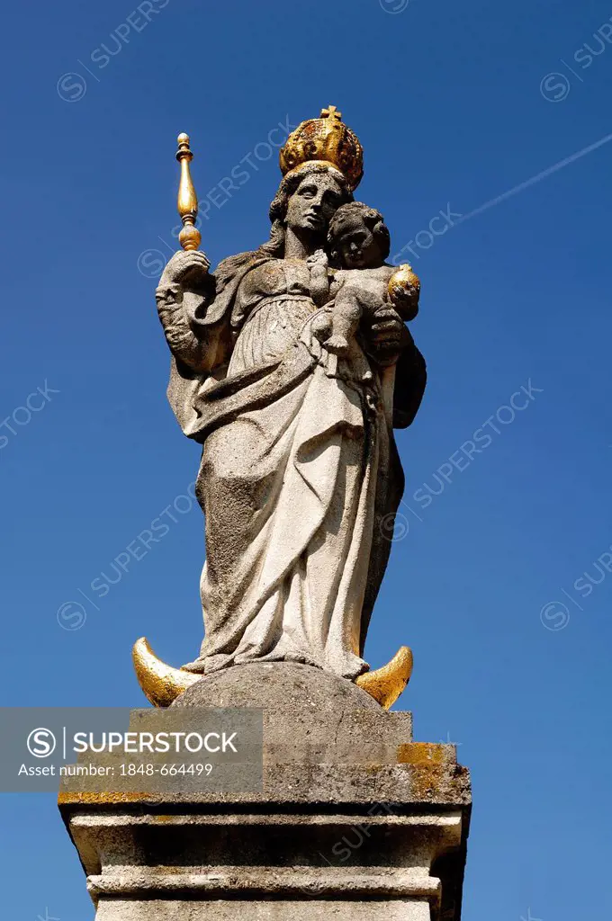 Statue of the virgin Mary against a blue sky in the palace courtyard, Old Schleissheim Palace, 1617 - 1623, Max-Emanuel-Platz square 1, Oberschleisshe...