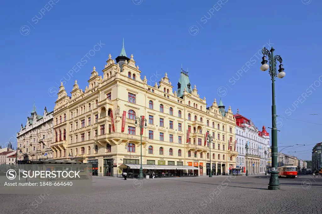 Magnificent Art Nouveau buildings and facades at the Republic Square, Prague, Bohemia, Czech Republic, Europe