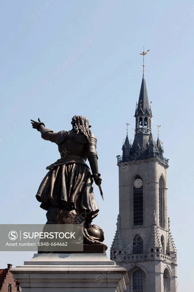 The statue of Christine de Lalang, Princess of Espinoy, and the bell tower, belfry of 1200, UNESCO World Heritage Site, Grand Place, Tournai, Province...