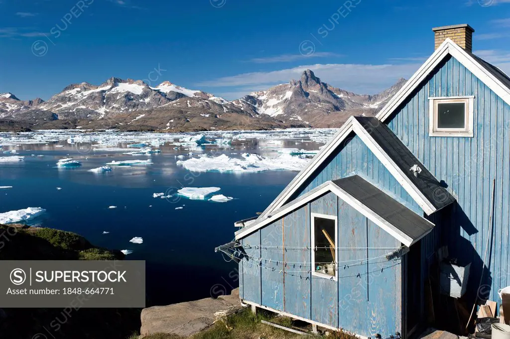 House by the fjord, Tasiilaq or Ammassalik, East Greenland, Greenland