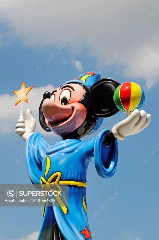 Mickey Mouse, Walt Disney, smiling, colourful cartoon figure with a star and a ball, Cranger Kirmes carnival, Herne, Ruhr Area, North Rhine-Westphalia...