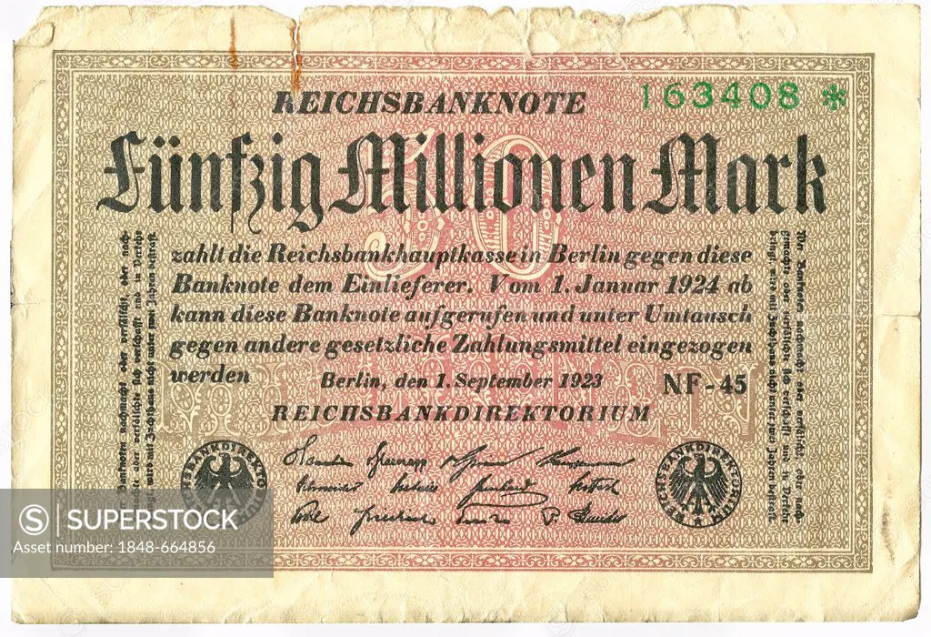Old banknote, front, Reichsbanknote, 50, 000, 000 mark, Reichsbankdirektorium, circa 1923