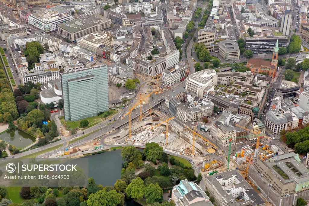 Aerial photo, Jan Wellem Platz, construction site of the Koe-Bogen development, Koe, Koenigsallee, Berliner Allee, Wehrhahnlinie tram line, Duesseldor...
