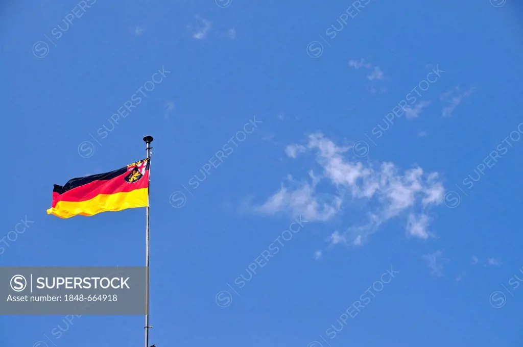 German national flag with the coat of arms of Rhineland-Palatinate, Rhineland-Palatinate, Germany, Europe, PublicGround