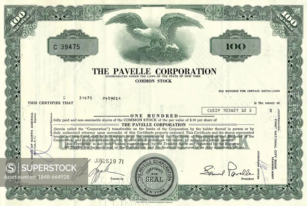 Historical stock certificate, Pavelle Corporation, 1971, New York, USA