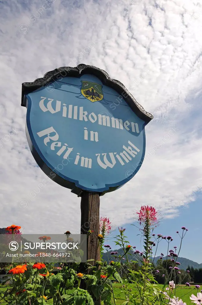 Welcome sign, Reit im Winkl, Chiemgau, Upper Bavaria, Bavaria, Germany, Europe
