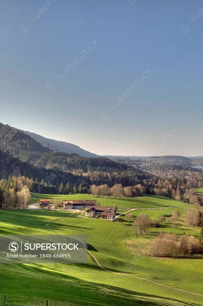 Bad Wiessee in front of Lake Tegernsee in the spring, Upper Bavaria, Bavaria, Germany, Europe