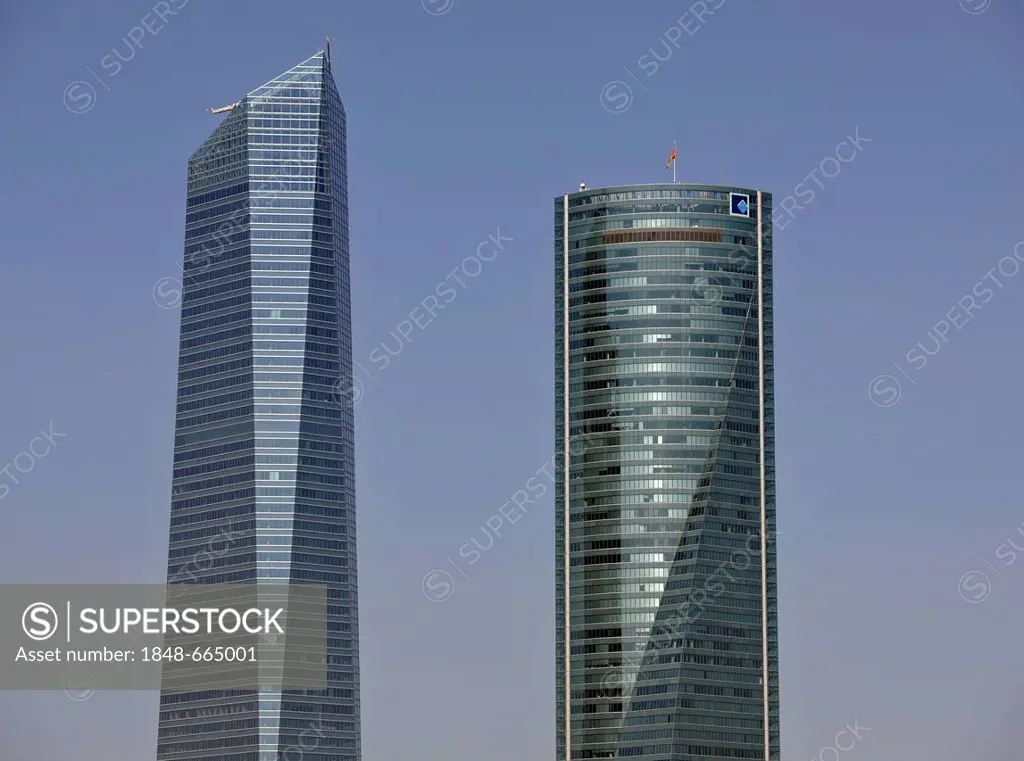 Cuatro Torres Business Area, formerly the Madrid Arena, with four skyscrapers, here Torre de Cristal, Crystal Tower and Torre Espacio, Madrid, Spain, ...