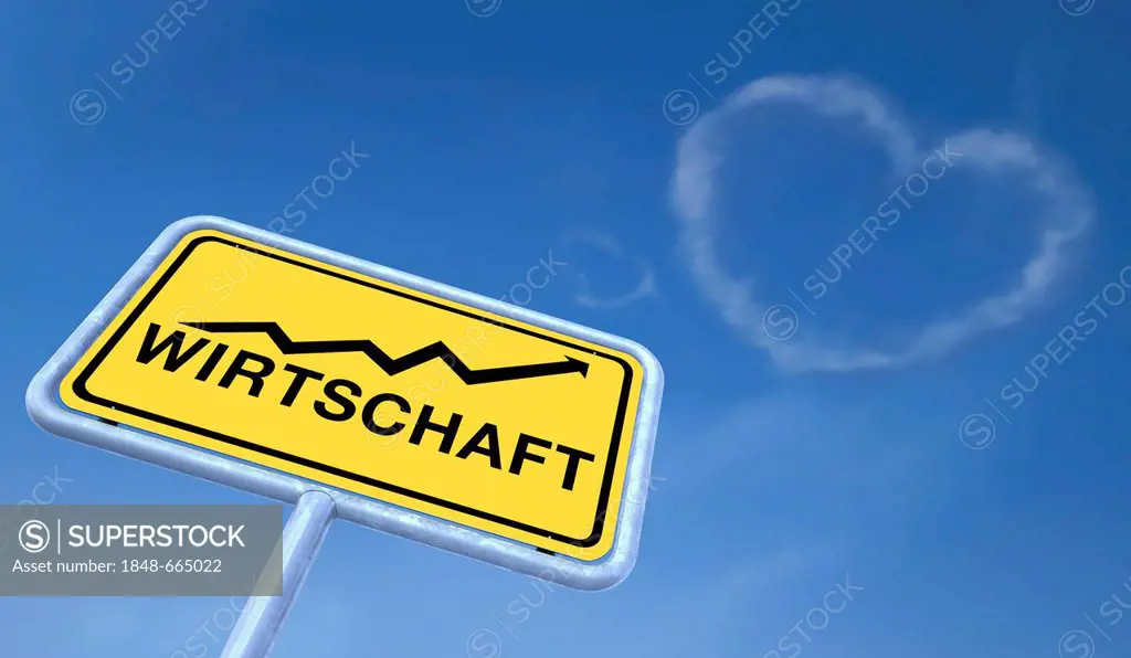 City limits sign labelled Wirtschaft, German for economy, illustration, 3D visualisation