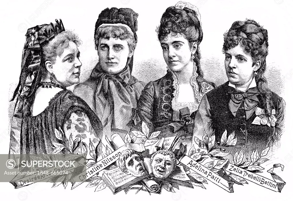 Historical drawing, portraits of female opera singers from the 19th Century, from left: Désirée Artôt de Padilla, 1835 - 1907, Christine Nilsson de Ca...