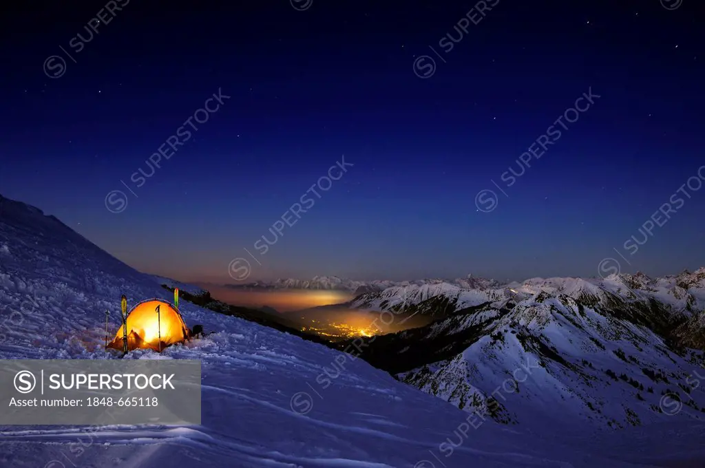 Mountain panorama with tent in winter, Baad, Kleinwalsertal, Vorarlberg, Austria, Europe