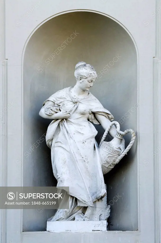Female sculpture holding an amphora, New Schleissheim Palace, Max-Emanuel-Platz square 1, Oberschleissheim, Bavaria, Germany, Europe