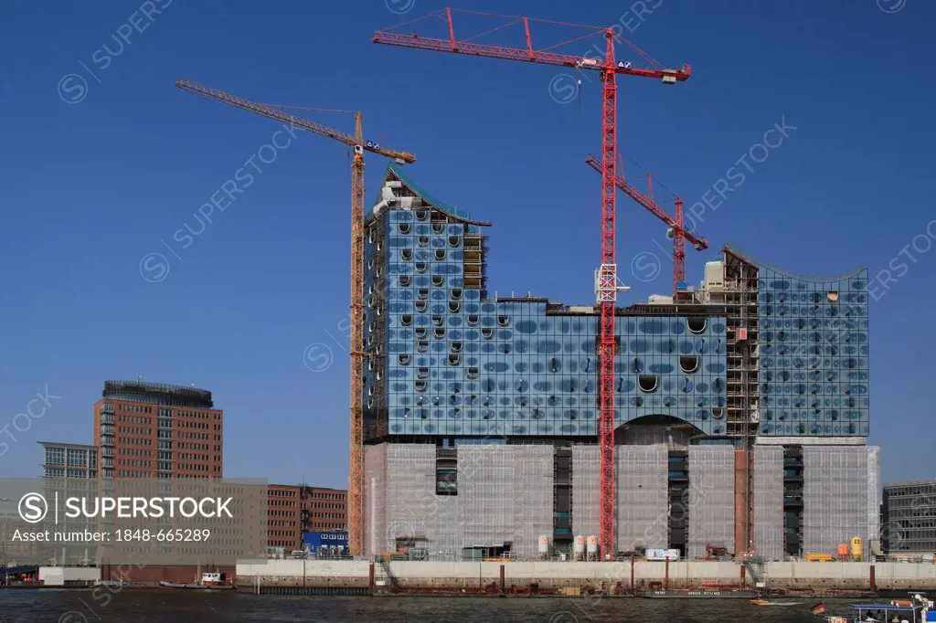 Elbphilharmonie philharmonic hall under construction, Hafencity harbour district, Hamburg, Germany, Europe