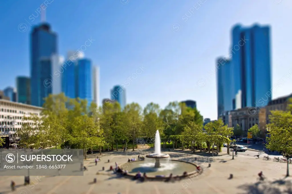 View on the Opernplatz square and the Financial District, miniature view, tilt-shift effect, reduced depth of field, Frankfurt am Main, Hesse, Germany...