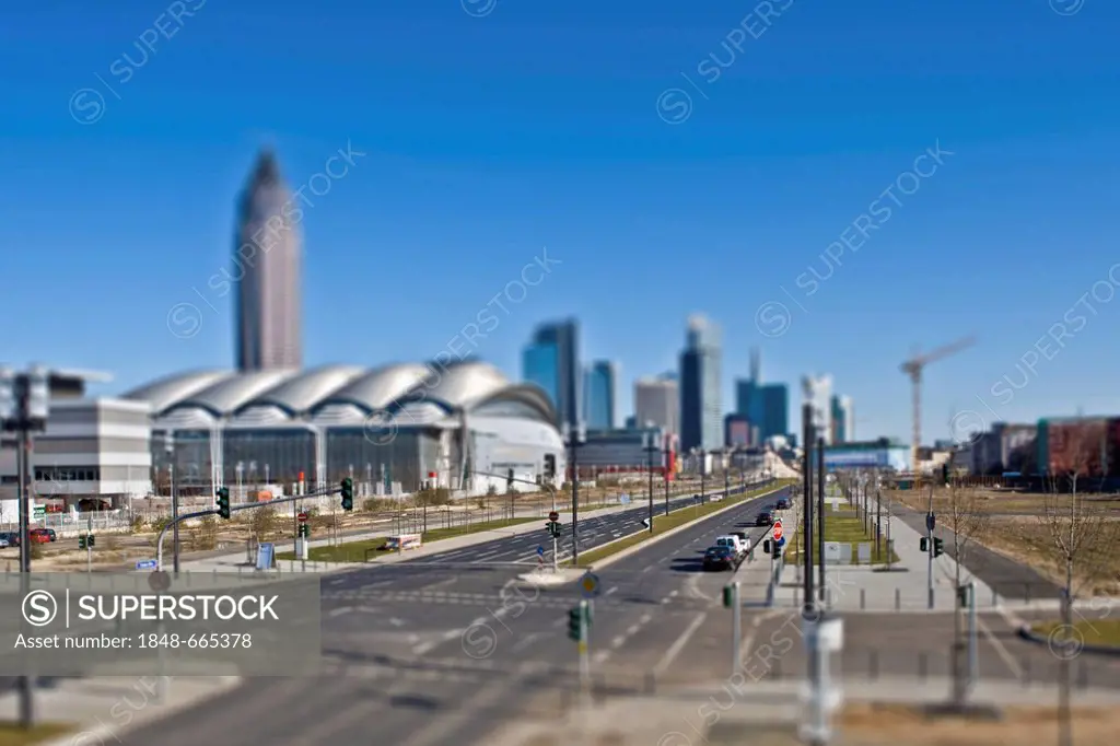 View of the exhibition centre and Messeturm exhibition tower, miniature view, tilt-shift effect, reduced depth of field, Frankfurt am Main, Hesse, Ger...