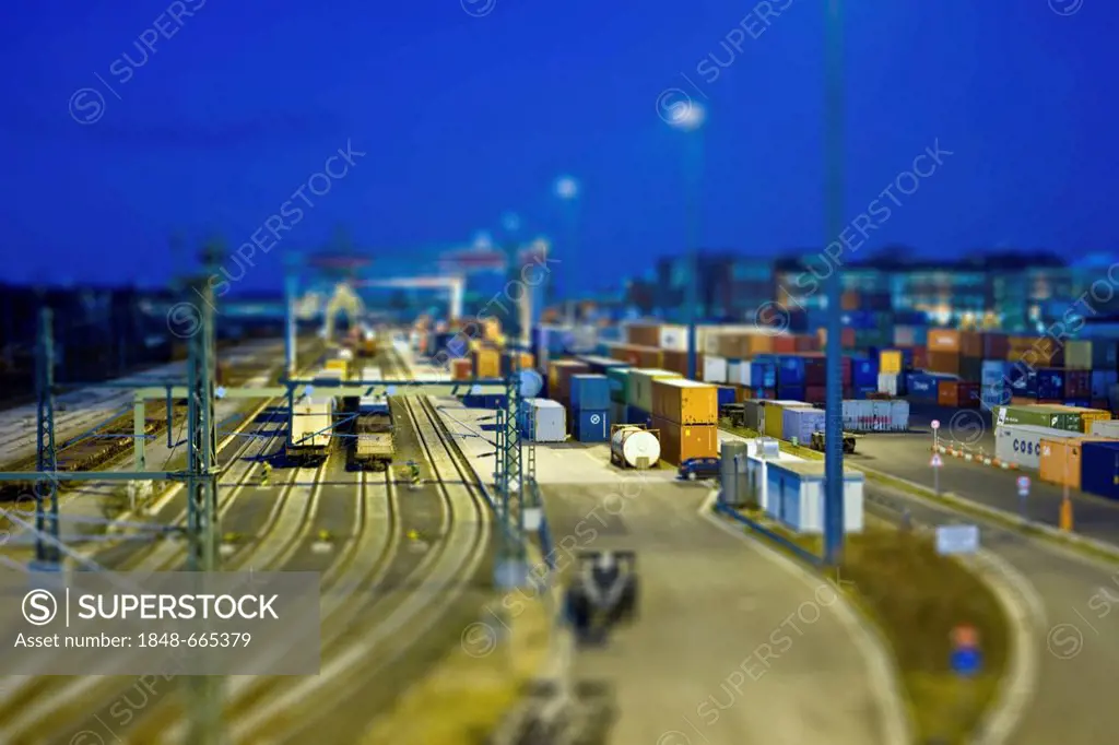 View on a container terminal, miniature view, tilt-shift effect, reduced depth of field, Frankfurt am Main, Hesse, Germany, Europe