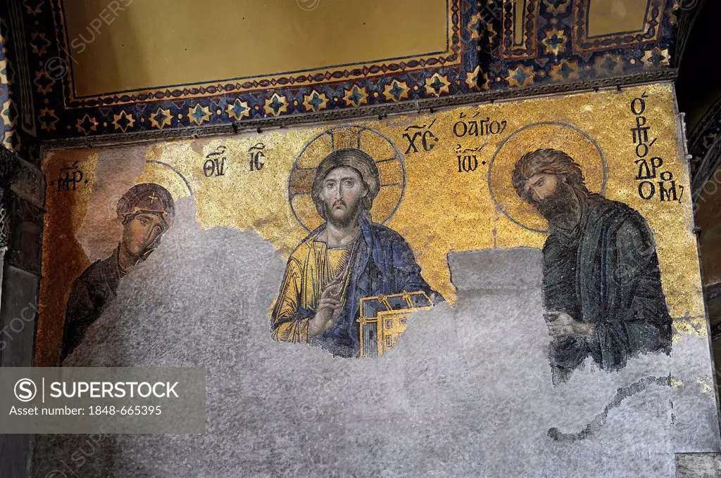 Deesis Mosaic, Virgin Mary, Jesus Christ Pantocrator, St. John the Baptist, from left, Hagia Sophia, Ayasofya, Istanbul, Turkey