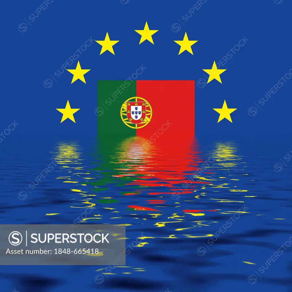 EU sign with the flag of Portugal, the stars protecting the country, all sinking into water, symbolic image for Europe