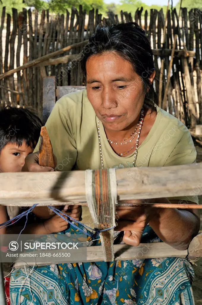 Traditional arts and crafts, woman weaving a ribbon from fibers of chaguar plants, indigenous community of Santa Maria, Gran Chaco region, Salta provi...