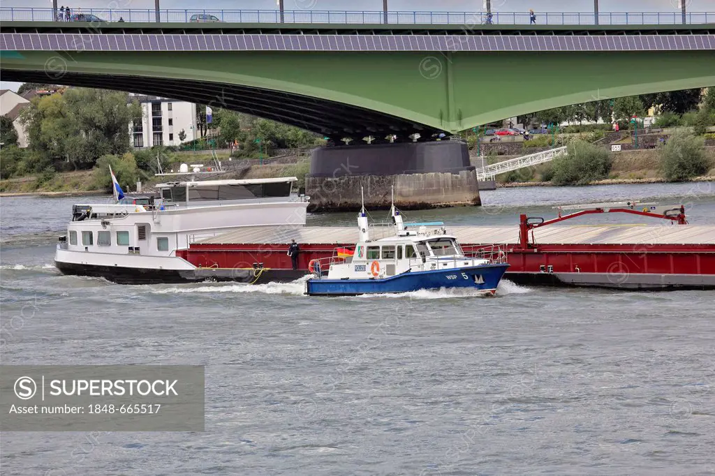 Police boat, river police, inspecting a barge, Rhine River, Kennedybruecke bridge, Bonn, North Rhine-Westphalia, Germany, Europe