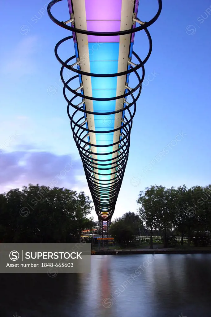 Slinky Springs to Fame pedestrian bridge, architect Tobias Rehberger, the Rhine-Herne Canal near Oberhausen, North Rhine-Westphalia, Germany, Europe, ...