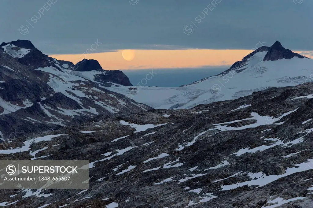 Moonrise over Mittivakkat Glacier, Ammassalik peninsula, East Greenland, Greenland