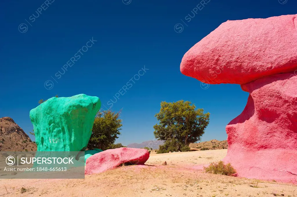 Painted rocks by the Belgian painter Jean Verame near Tafraoute, Anti-Atlas or Lesser Atlas range, Southern Morocco, Morocco, Africa
